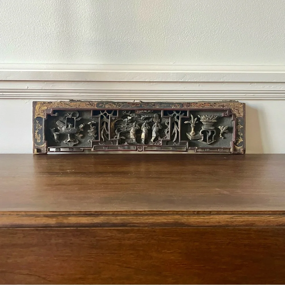 Antique Chinese Hand-Carved Wood Architectural Panel